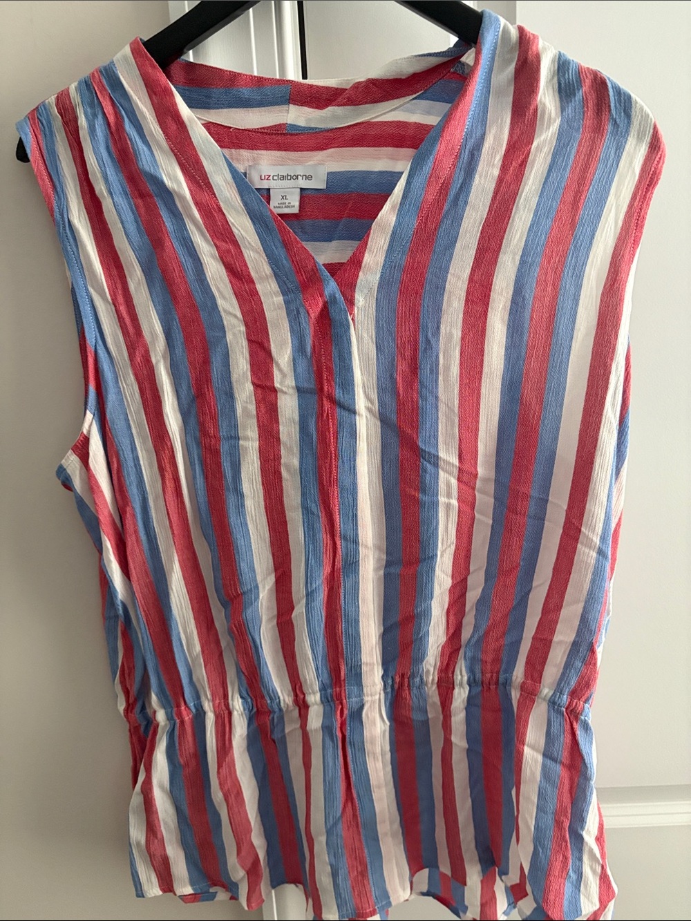 Liz Claiborne Red, Blue & White Striped Sleeveless V-Neck Peplum Top